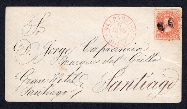 CHILE - 1874 - PERFORATED COLUMBUS ISSUE: Cover franked with 1867 5c pale red perforated 'Columbus' issue (SG 44) tied by dumb 'Cork' cancel in black with VALPARASISO cds in red dated 17 AGTO 1874 alongside. Addressed to SANTIAGO.   (CHI/38864)