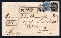 CHILE - 1896 - ROULETTE ISSUE, REGISTRATION & AR: Registered AR cover franked with 1878 5c dull ultramarine and 20c slate grey 'Roulette' issue (SG 59a & 62) tied by CHILLAN cds's dated 1 DIC 1896 with plain registration label with 'Chillan' added in manuscript and perforated black & white 'A.R.' label alongside. Addressed to FRANCE with transit & arrival marks on reverse. Backflap missing.  (CHI/38865)