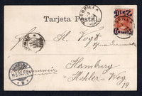 CHILE - 1904 - PROVISIONAL ISSUE & CANCELLATION: Black & white PPC 'Callao, Plaza de la Matriz' franked on message side with single 1903 10c on 30c orange red 'Cabezone' SURCHARGE issue (SG 93) tied by TOCOPILLA cds with second strike alongside dated 15 ABR 1904. Addressed to GERMANY with IQUIQUE Transit and German arrival cds's both on front.  (CHI/38867)