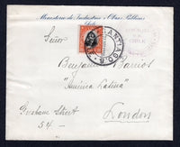 CHILE - 1916 - OFFICIAL MAIL & PRESIDENTE ISSUE: Printed 'Ministerio de Industria I Obras Publicas Chile' OFFICIAL cover franked with 1911 20c black & orange brown 'Presidente' issue (SG 142) tied by SANTIAGO 8 cds dated 31 MAR 1916 with Ministerial cachet in purple alongside. Addressed to UK.  (CHI/38870)