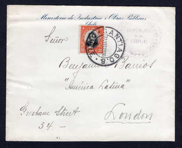 CHILE - 1916 - OFFICIAL MAIL & PRESIDENTE ISSUE: Printed 'Ministerio de Industria I Obras Publicas Chile' OFFICIAL cover franked with 1911 20c black & orange brown 'Presidente' issue (SG 142) tied by SANTIAGO 8 cds dated 31 MAR 1916 with Ministerial cachet in purple alongside. Addressed to UK.  (CHI/38870)