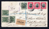 CHILE - 1915 - PRESIDENTE ISSUE & REGISTRATION: Registered cover franked with strip of three 1911 12c black & rose and 4 x 1915 1c dull green 'Presidente' issue (SG 140 & 157) tied by somewhat smudged COQUIMBO cds's dated 8 AUG 1916 with handstruck 'PUERTO COQUIMBO' registration marking in purple alongside. Addressed to UK with black on buff 'VALPARAISO CERTIFICADO TRANSITO' registration label added with transit and arrival marks on reverse. A very attractive franking.  (CHI/38871)