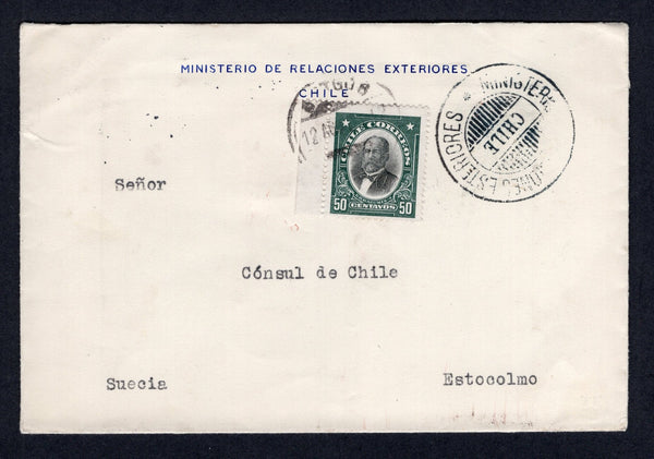 CHILE - 1927 - OFFICIAL MAIL, PRESIDENTE ISSUE & DESTINATION: Printed 'Ministerio de Relaciones Exteriores Chile' OFFICIAL cover franked with 1915 50c black & green 'Presidente' issue (SG 170) tied by SANTIAGO 8 cds dated 12 AUG 1927 with Ministerial cachet in black alongside. Addressed to SWEDEN with arrival cds on reverse.  (CHI/38873)