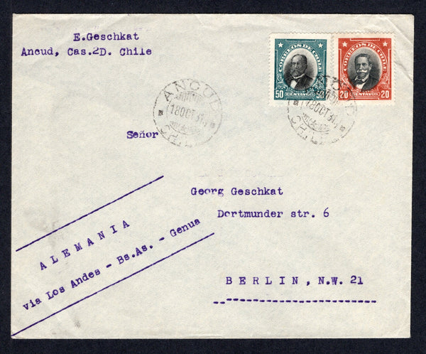 CHILE - 1931 - ISLAND MAIL: Cover franked with 1928 20c black & orange red and 50c black & green 'Presidente' issue (SG 209 & 212) tied by ANCUD cds dated 18 OCT 1931 with second strike alongside. Ancud is the main P.O. on the Island of Chiloe. Addressed to GERMANY with transit marks on reverse.  (CHI/38875)