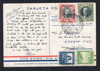 CHILE - 1935 - AIRMAIL & CHRISTMAS GREETINGS CARD: Illustrated 'AIR FRANCE' Christmas & New Year greetings postcard with colour image of an airplane flying over the water with a city in the background franked on message side with 1915 1p black & green 'Presidente' issue, 1928 2p black & scarlet 'Presidente' AIR overprint issue, 1931 10c blue and 1934 10c yellow green 'International' AIR issue (SG 172, 200d, 231 & 236) tied by CORREO AEREO VALPARAISO cds's dated 29 DEC 1935. Addressed to UK. Small closed te