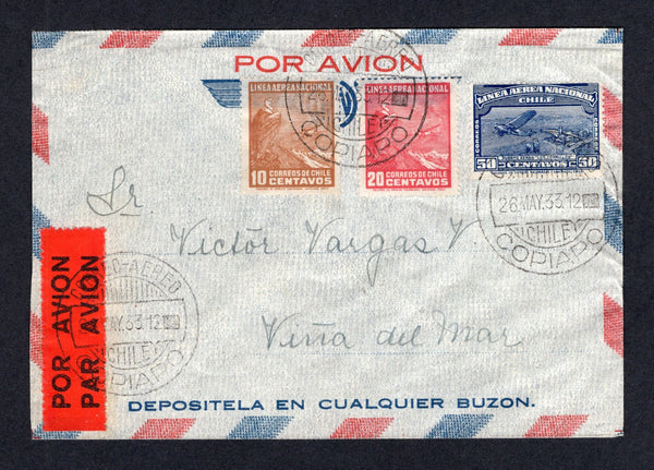 CHILE - 1933 - AIRMAIL: Cover franked 1931 10c yellow brown, 20c carmine and 50c deep blue LAN issue (SG 224/225 & 227) tied by CORREO AEREO COPIAPO cds's dated 26 MAY 1933. Sent by the LAN internal airmail service to VINA DEL MAR with arrival cds on reverse.  (CHI/38878)