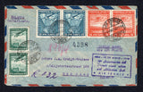 CHILE - 1940 - AIRMAIL: Registered airmail cover franked with 1934 pair 15c blue green, pair 2p light blue and pair 5p orange red 'International' AIR issue on front and additional pair 10c yellow green, 50c sepia and pair 5p orange red on reverse (SG 236/237, 240, 245 & 248) all tied by LOS ANGELES cds's dated 9 MAY 1940. Addressed to HOLLAND with boxed '1930 12 DE MAYO 1940 10a Aniversario del Primer cruce aereo del Atlantico Sud AIR FRANCE' cachet in purple on front and NAZI censor strip on reverse with 