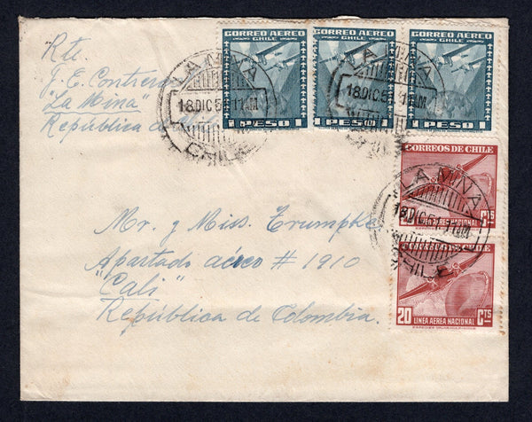 CHILE - 1951 - AIRMAIL & CANCELLATION: Cover franked with 1941 pair 20c orange brown LAN issue and 3 x 1944 1p bluish slate 'International' AIR issue on front and 1944 block of eight 10c yellow green 'International' AIR issue and 1950 2p red brown LAN issue on reverse (SG 294, 351a, 358 & 399) all tied by LA MINA cds's dated 18 DIC 1951. Addressed to COLOMBIA with COPIAPO transit cds's tying the stamps on the reverse.  (CHI/38883)