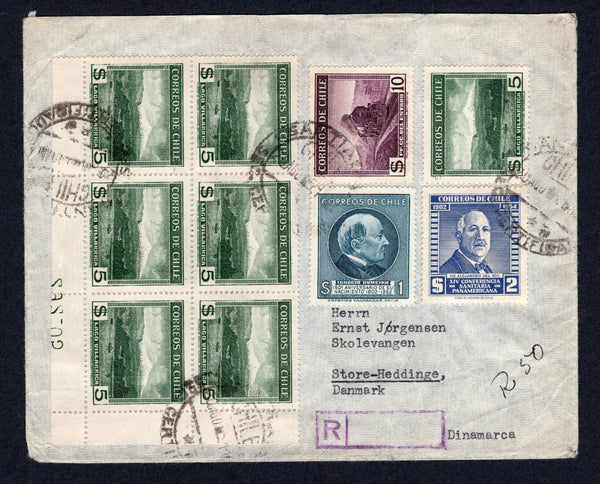 CHILE - 1957 - REGISTRATION & MULTIPLE FRANKING: Registered cover franked with 1938 5p myrtle green single and corner marginal block of six, 10p purple, 1954 1p deep turquoise blue and 1955 2p ultramarine (SG 277/278, 429 & 436) tied by SANTIAGO CERTIFICADOS cds's with small handstruck registration marking. Addressed to DENMARK. An attractive franking.  (CHI/38886)