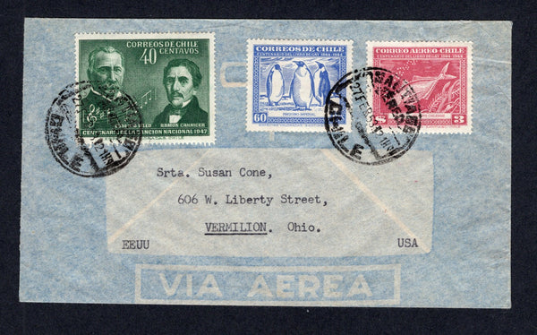 CHILE - 1953 - CLAUDE GAY ISSUE: Airmail cover franked with 1947 40c blue green and 1948 60c ultramarine 'Emperor Penguins' and 3p carmine 'Pelamys Chilensis' (Fish) CLAUDE GAY issues (SG 376, 381h & 383l) tied by SANTIAGO cds's dated 27 FEB 1953. Addressed to USA.  (CHI/38892)