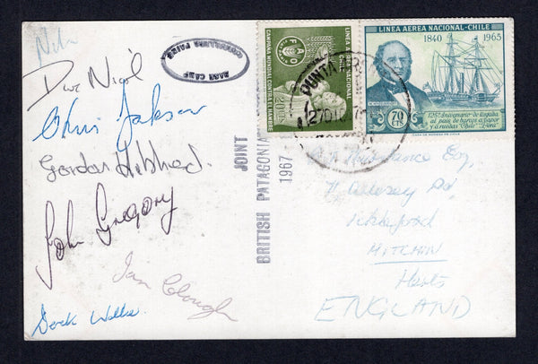 CHILE - 1967 - EXPEDITION MAIL: Black & white PPC of the 'Cerro Torre' mountain franked on message side with 1963 20c olive green and 1966 70c greenish blue, blue & pale yellow green (SG 544 & 573) tied by PUNTA ARENAS cds dated 27 DIC 1967 with straight line 'JOINT BRITISH PATAGONIAN EXPEDITION 1967' cachet and small oval 'BASE CAMP CORDILLERA PAINE' cachet. Signed by the seven members of the expedition.  (CHI/38893)