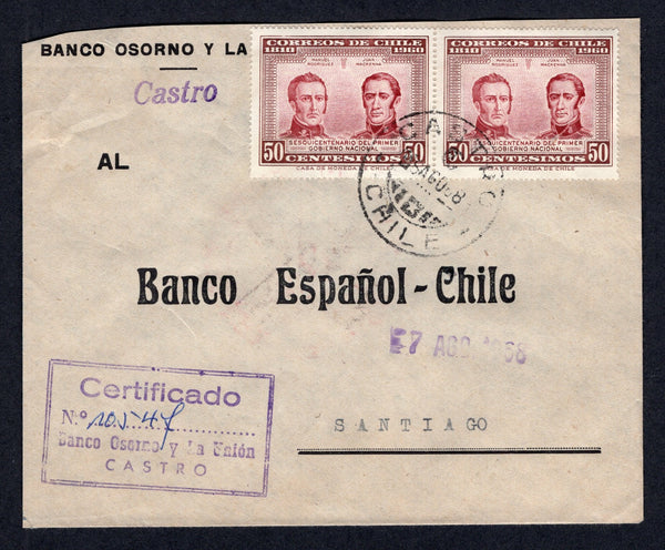 CHILE - 1968 - ISLAND MAIL & PRIVATE REGISTRATION MARKINGS: Printed 'Banco Osorno y La Union' registered cover franked with pair 1960 50c lake & red brown (SG 516) tied by CASTRO cds dated 8 AGO 1968 with boxed 'Certificado, Banco Osorno y La Union, CASTRO' registration marking in purple on front. Addressed to SANTIAGO with arrival cds on reverse.  (CHI/38908)