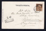 CHILE - 1904 - CANCELLATION & POSTAGE DUE: Black & white PPC 'Valdivia, Esplanade.' with manuscript endorsement 'Ship Imberhorne' on picture side franked with single 1904 2c pale brown 'Provisional' issue (SG 94) tied by fine CORRAL cds dated 9 AUG 1904 with boxed 'MULTADA' marking with manuscript '2ct' alongside. Addressed to UK.  (CHI/38990)