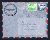 CHILE - 1959 - ANTARCTIC: Airmail cover with large circular 'BASE AEREA ANTARTICA PRESIDENTE AGUIRRE CERDA' wings cachet in black on front franked with 1950 3p blue and 10p emerald green AIR issue (SG 404f & 404j) tied by fine PRESIDENTE PEDRO AGUIRRE CERDA ANTARTICA CHILE cds's dated 23 FEB 1959. Addressed to ANTOFAGASTA.  (CHI/38992)