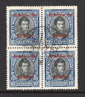 CHILE - 1928 - OFFICIAL ISSUE & MULTIPLE: 10c black & blue 'Presidente' issue with 'Servicio del ESTADO' official overprint for use by the Ministry of Foreign Affairs, a fine cds used block of four. Uncommon in used multiple. (SG O190)  (CHI/39004)