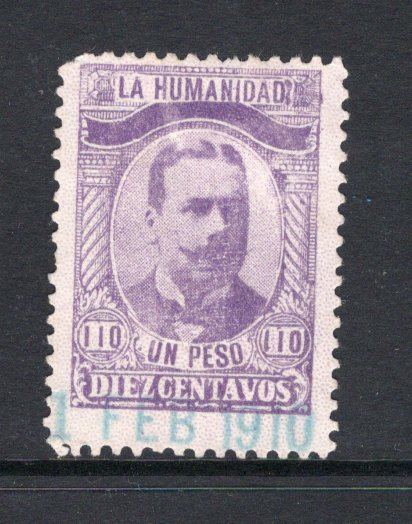 CHILE - 1910 - CINDERELLA: 1p 10c lilac 'Portrait' CINDERELLA issue inscribed 'La Humanidas' at top used with part '1 FEB 1910' dated cancel in blue. Unusual.  (CHI/39005)