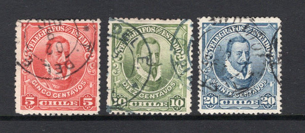 CHILE - 1901 - TELEGRAPH: 5c carmine, 10c olive green and 20c blue 'Valdivia' TELEGRAPH issue, Waterlow printing, perf 14-15. The set of three fine cds used. (Barefoot #12/14)  (CHI/39149)