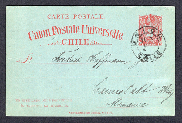 CHILE - 1891 - CANCELLATION: 3c red on grey blue postal stationery card (H&G 11) used with good strike of large UNION cds dated JUN 19 1891. Addressed to GERMANY with VALDIVIA transit cds on reverse.  (CHI/39389)