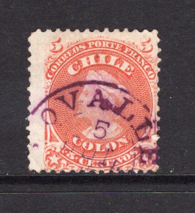 CHILE - 1867 - CANCELLATION: 5c pale red 'Perforated Columbus' issue used with good large part strike of OVALLE cds in purple dated 5 JUL 1878. (SG 44)  (CHI/39395)