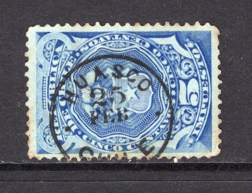 CHILE - 1880 - POSTAL FISCAL: 5c blue 'Impuesto' REVENUE superb used with complete strike of HUASCO thimble cds dated 25 FEB but without year slug. Used in the First period of authorised postal use during the Pacific War from 1879 - 1883. (SG F69)  (CHI/39398)