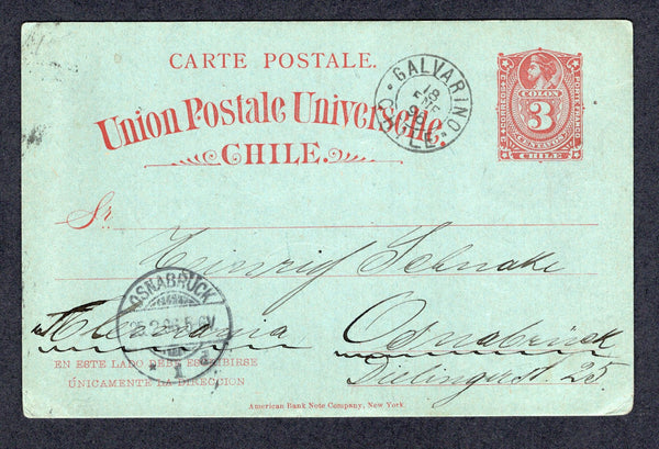 CHILE - 1896 - CANCELLATION: 3c red on grey blue postal stationery card (H&G 15) used with fine strike of GALVARINO cds dated 18 JAN 1896. Addressed to GERMANY with arrival cds on front. A scarce small postal agency origination.  (CHI/39446)