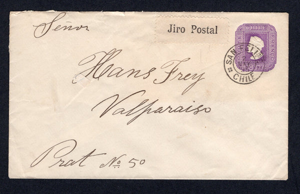 CHILE - 1895 - JIRO POST: 5c violet postal stationery envelope (H&G B13a) used with fine strike of SAN FELIPE cds dated 2 MAY 1895. Addressed to VALPARAISO with fine perforated 'JIRO POSTAL' label on front and VALPARAISO arrival cds on reverse. Very Scarce.  (CHI/39487)