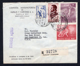 CHILE - 1963 - PRIVATE REGISTRATION: Registered cover with 'COMPANIA MANUFACTURERA DE PAPELES Y CARTONES S.A.' company imprint at top left franked with 1961 10c + 10c red brown & light salmon, 1962 5c dull purple & 10c lake red and 1961 2c ultramarine AIR issue (SG 535, 541/542 & 526) tied by SANTIAGO cds's dated 19 AGO 1963 with black & white printed 'R PAPELES Y CARTONES' registration label alongside. Sent airmail to USA with transit & arrival cds's on reverse.  (CHI/39526)