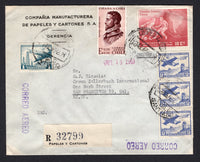 CHILE - 1963 - PRIVATE REGISTRATION: Registered cover with 'COMPANIA MANUFACTURERA DE PAPELES Y CARTONES S.A.' company imprint at top left franked with 1961 10c + 10c red brown & light salmon, 1962 10c lake red and 1961 1c greenish blue and strip of three 2c ultramarine AIR issue (SG 535, 542, 525 & 526) tied by SANTIAGO cds's dated 12 JUL 1963 with black & white printed 'R PAPELES Y CARTONES' registration label alongside. Sent airmail to USA with transit & arrival cds's on reverse.  (CHI/39527)