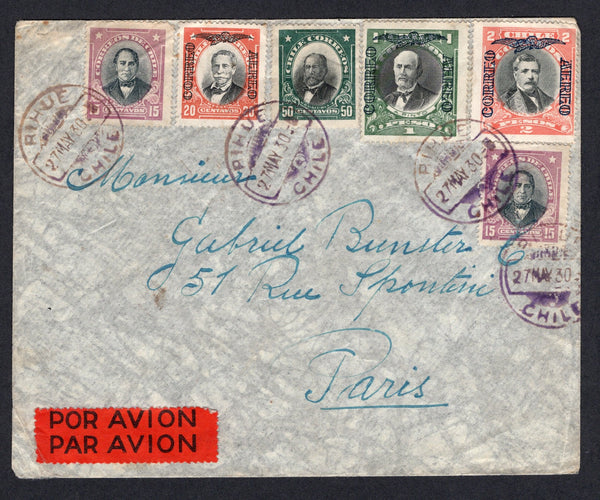 CHILE - 1930 - AIRMAIL & CANCELLATION: Airmail cover franked with 1928 50c black & green and 2 x 1928 15c black & violet 'Presidente' issue and 1928 20c black & orange red, 1p black & green and 2p black & dull scarlet 'Presidente' issue with CORREO AEREO overprint (SG 187, 208, 213 & 193/194) all tied by multiple strikes of RIHUE cds in lilac dated 27 MAY 1930. Addressed to FRANCE with printed black on red airmail label on front and SANTIAGO transit cds and French arrival cds on reverse. A very scarce orig