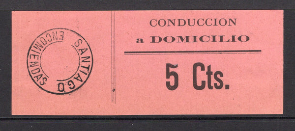 CHILE - 1930 - PARCEL POST: Circa 1930 5c black on rose 'Parcel Post' label inscribed 'CONDUCCION a DOMICILIO 5 Cts' for use as a receipt for the charge when delivering parcels to a specified address. A fine used example with undated SANTIAGO ENCOMIENDAS cds. Uncommon. (Sociedad Filatelica de Chile Catalogue #EE1)  (CHI/39804)