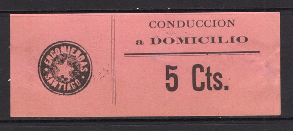 CHILE - 1930 - PARCEL POST: Circa 1930 5c black on rose 'Parcel Post' label inscribed 'CONDUCCION a DOMICILIO 5 Cts' for use as a receipt for the charge when delivering parcels to a specified address. A fine used example with undated ENCOMIENDAS SANTIAGO 'Negative Seal' cancel in black. Uncommon. (Sociedad Filatelica de Chile Catalogue #EE1)  (CHI/39805)