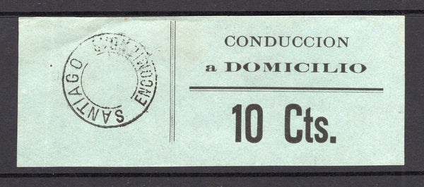 CHILE - 1930 - PARCEL POST: Circa 1930 10c black on grey blue 'Parcel Post' label inscribed 'CONDUCCION a DOMICILIO 10 Cts' for use as a receipt for the charge when delivering parcels to a specified address. A fine used example with undated SANTIAGO ENCOMIENDAS cds. Uncommon. (Sociedad Filatelica de Chile Catalogue #EE2)  (CHI/39808)