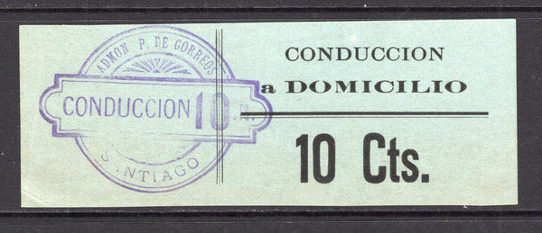 CHILE - 1930 - PARCEL POST: Circa 1930 10c black on grey blue 'Parcel Post' label inscribed 'CONDUCCION a DOMICILIO 10 Cts' for use as a receipt for the charge when delivering parcels to a specified address. A fine used example with undated ADMON P. DE CORREOS CONDUCCION 10 CTS SANTIAGO cancel in purple. Uncommon. (Sociedad Filatelica de Chile Catalogue #EE2)  (CHI/39810)