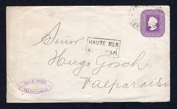 CHILE - 1899 - CANCELLATION: 5c violet on laid paper postal stationery envelope (H&G B13a) sent from TALCAHUANO with company handstamp at lower left. Addressed to VALPARAISO with fine strike of boxed HAUTE MER ALTA MAR cancel on front and VALPARAISO RECEPCION arrival cds's on front & back.  (CHI/40028)