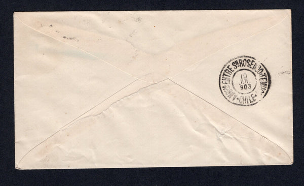 CHILE - 1903 - TRAVELLING POST OFFICES: 5c blue 'Columbus' postal stationery envelope (H&G B15) used with fair ERGILLA cds to SANTA FE with fine strike of AMBCIA ENTRE SN ROSENDO I TEMUCO travelling P.O. cds on reverse.  (CHI/400)