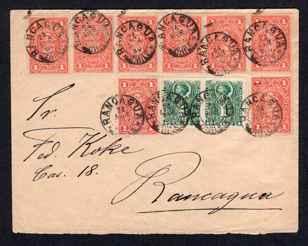 CHILE - 1901 - POSTAL FISCAL ISSUE & MULTIPLE FRANKING: Cover franked with pair 1878 1c green 'Roulette' issue and 8 x 1900 1c vermilion 'Postal Fiscal' issue (SG 55 & F86 authorised for postal use during the temporary shortage between October 1900 and January 1901, the fourth period of use) tied by multiple strikes of RANCAGUA cds dated 24 ABR 1901. Addressed locally within RANCAGUA. A superb franking.  (CHI/40120)