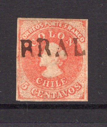 CHILE - 1856 - CLASSIC ISSUES & CANCELLATION: 5c red 'Estancos' printing a fine four margin copy used with good part strike of straight line 'PARRAL' cancel in black. Late use for a prestamp cancel. (SG 19)  (CHI/40169)