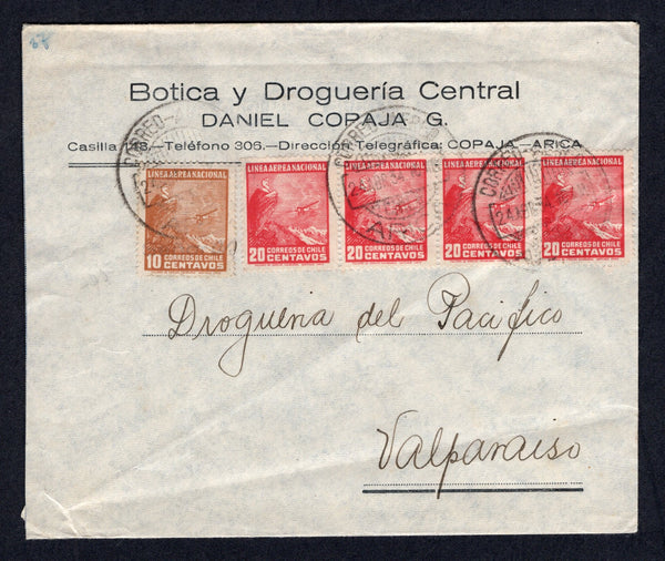 CHILE - 1934 - AIRMAIL: Cover franked 1931 10c yellow brown and strip of four 20c carmine LAN issue (SG 224/225) tied by CORREO AEREO ARICA cds's dated 24 ABR 1934. Sent by the LAN internal airmail service to VALPARAISO with arrival cds on reverse. Two light diagonal creases.  (CHI/40279)