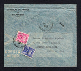 CHILE - 1948 - CONSULAR MAIL & POSTAGE DUE: Stampless printed 'Consulat de France a Valparaiso' airmail envelope sent by the diplomatic pouch with large straight line 'VALISE' cachet in black and manuscript '6' notation alongside. Put into the post in France but treated as unpaid and taxed on arrival with added French 1946 1f blue and 5f pink 'Postage Due' issue tied on arrival by AULNAY-SOUS-BOIS cds's. Unusual.  (CHI/40570)