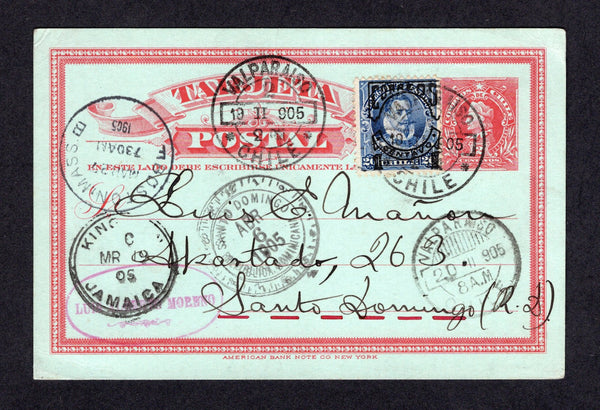 CHILE - 1905 - POSTAL STATIONERY, ROUTING & DESTINATION: 2c red on greenish blue 'Arias' postal stationery card (H&G 25) used with added 1904 1c on 20c blue 'Provisional' issue (SG 101) tied by VALPARAISO cds's dated 19 II 1905. Addressed to DOMINICAN REPUBLIC, routed via JAMAICA and the USA with BOSTON MASS and KINGSTON transit cds's and SANTO DOMINGO arrival cds all on front.  (CHI/40638)