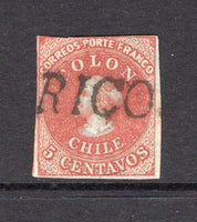 CHILE - 1855 - CLASSIC ISSUES & CANCELLATION: 5c red brown on blued paper 'Perkins Bacon New Plate' printing, a good copy with four margins, just touching at top used with good part strike of straight line 'CURICO' cancel in black. Scarce. (SG 17)  (CHI/40708)