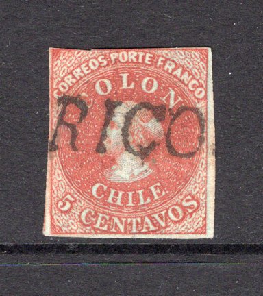 CHILE - 1855 - CLASSIC ISSUES & CANCELLATION: 5c red brown on blued paper 'Perkins Bacon New Plate' printing, a good copy with four margins, just touching at top used with good part strike of straight line 'CURICO' cancel in black. Scarce. (SG 17)  (CHI/40708)