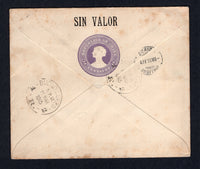 CHILE - 1915 - POSTAL STATIONERY: 15c lilac postal stationery registered envelope (H&G C1a) demonetised with 'SIN VALOR' overprint in black on front and reverse used with added Argentina 1912 pair 1c yellow brown, pair 4c dull purple and pair 20c ultramarine 'Ploughman' issue (SG 396, 399 & 403) tied by BUENOS AIRES cds's dated 11 MAR 1915 with printed black on white 'BUENOS AIRES' registration label alongside. Addressed to SWITZERLAND with arrival cds on reverse. Cover has a few light tones on reverse but