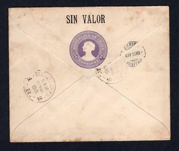 CHILE - 1915 - POSTAL STATIONERY: 15c lilac postal stationery registered envelope (H&G C1a) demonetised with 'SIN VALOR' overprint in black on front and reverse used with added Argentina 1912 pair 1c yellow brown, pair 4c dull purple and pair 20c ultramarine 'Ploughman' issue (SG 396, 399 & 403) tied by BUENOS AIRES cds's dated 11 MAR 1915 with printed black on white 'BUENOS AIRES' registration label alongside. Addressed to SWITZERLAND with arrival cds on reverse. Cover has a few light tones on reverse but