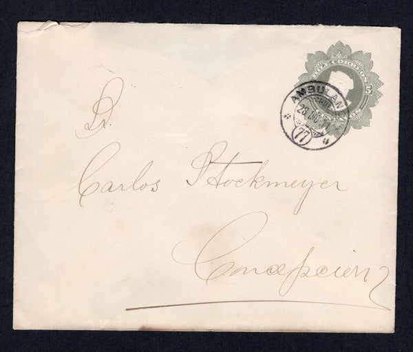 CHILE - 1911 - TRAVELLING POST OFFICES: 5c grey 'Columbus' postal stationery envelope (H&G B19a) used with fine strike of 'AMBULANCIA 77' travelling P.O. cds (Chillan - Pitrufquen line). Addressed to CONCEPCION with part arrival cds on reverse.  (CHI/408)