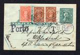 CHILE - 1913 - TRAVELLING POST OFFICES & POSTAL FISCAL: 1c green on pale green postal stationery card (H&G 34) datelined 'Chiguajante 30/6 1913' used with added 1900 1c vermilion and pair 2c brown REVENUE issue (SG F86/F87, authorised for postal use during temporary stamp shortage in 1913, the fifth period of use) tied by multiple strikes of AMBULANCIA 48 cds dated 1 JUL 1913 (the Santiago - Talcahuano night line), taxed in transit with '1 SANTIAGO 1 T 5 CENTIMES' opera glass marking in black on front with