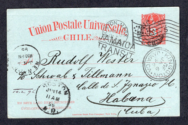 CHILE - 1895 - DESTINATION & ROUTING: 3c red on grey blue postal stationery card (H&G 15) used with IQUIQUE cds dated 2 DIC 1895. Addressed to HAVANA, CUBA routed via the USA with NEW YORK transit mark dated JAN 4 and then via JAMAICA with fine strike of two line 'JAMAICA TRANSIT' marking and KINGSTON transit cds dated JAN 6 and then back to BOSON, USA with two transit marks dated JAN 14 all on front. The card the arrived in Cuba with partial HABANA, CUBA cds dated 16 JAN on reverse. An unusual routing. It