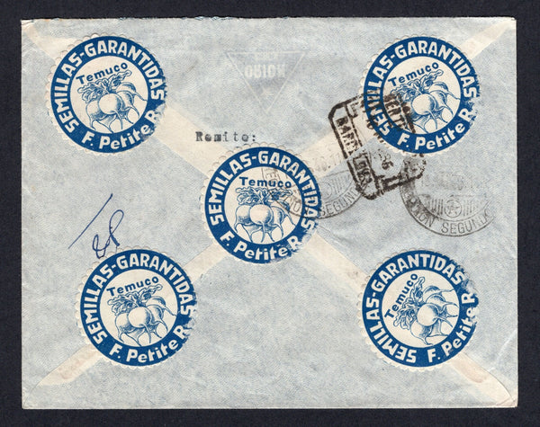 CHILE - 1936 - CINDERELLA: Registered cover franked with 1936 30c pale green and 50c bright blue (SG 260 & 262) tied by TEMUCO CERTIFICADOS cds dated 17 ABR 1936 with boxed 'R TEMUCO' registration marking in purple alongside and five circular blue scalloped edge cinderella labels depicting a bunch of radishes inscribed 'Semillas Garantidas Temuco F. Petite R.' on reverse. Addressed to SAPIN with transit & arrival marks on reverse. Very attractive.  (CHI/41040)