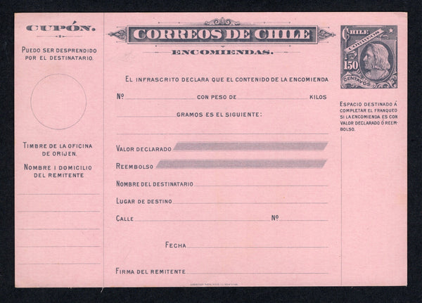 CHILE - 1909 - POSTAL STATIONERY: 150c grey on light pink 'Columbus' postal stationery parcel card (H&G N3) . A fine unused example. Uncommon.  (CHI/41083)