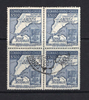 CHILE - 1958 - MULTIPLE: 500p blue 'Antarctic' MAP issue, a fine cds used block of four. (SG 468)  (CHI/41281)